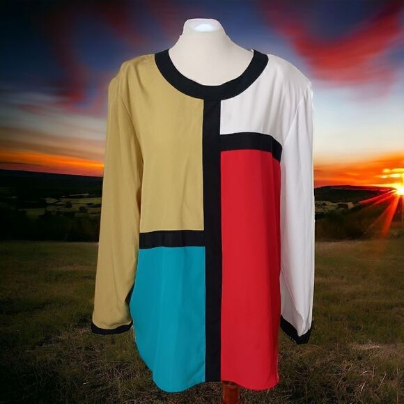 Galinda Wang Career Blouse 16W Silky Plus Size Colorblock Office Siren Corpcore - Picture 15 of 15